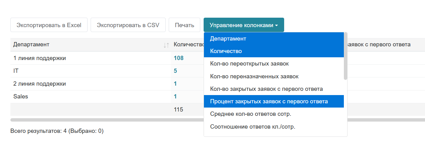 Интерфейс Глобального отчёта: управление столбцами, поиск, экспорт