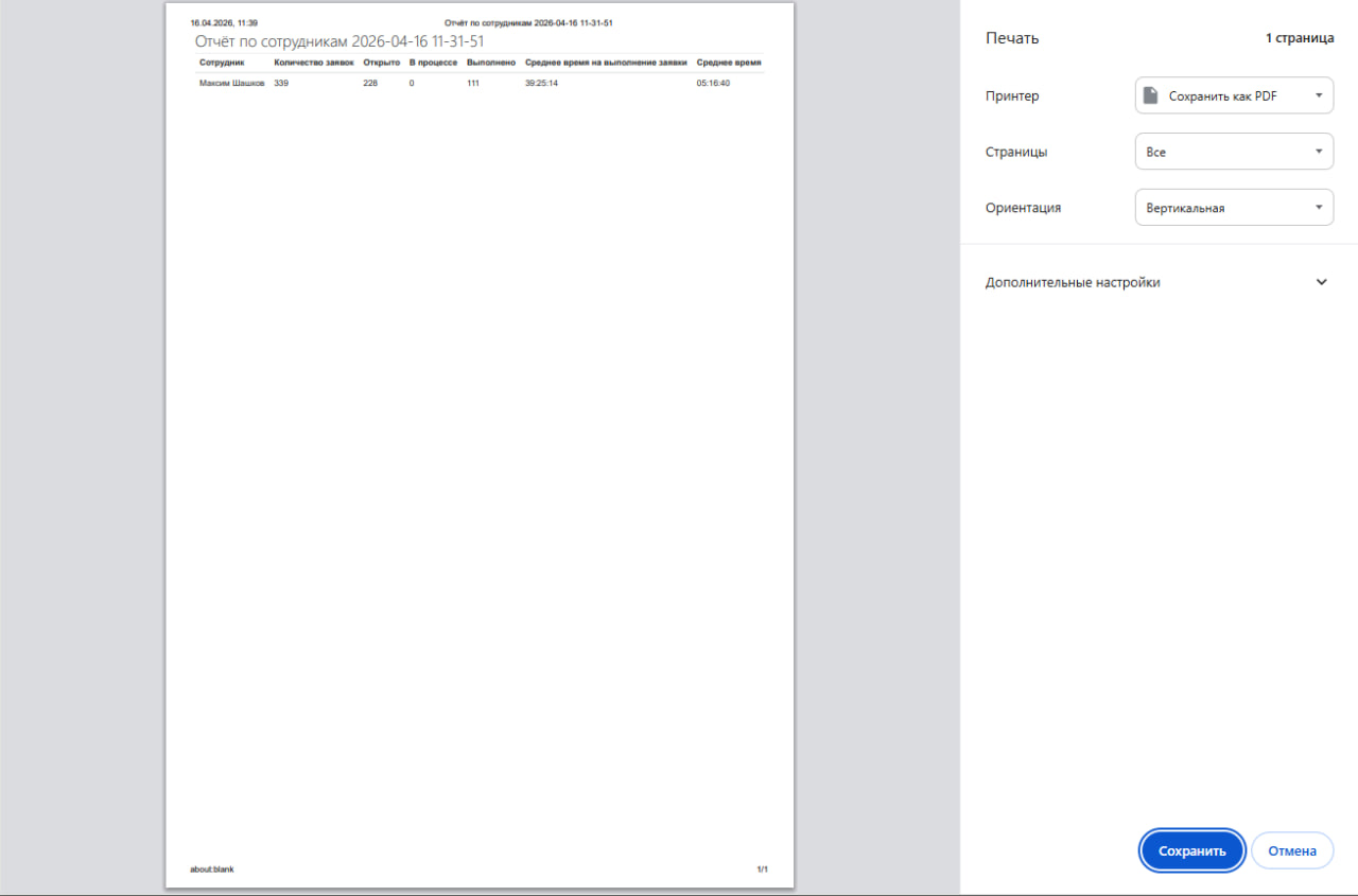 Экспорт отчёта по сотрудникам
