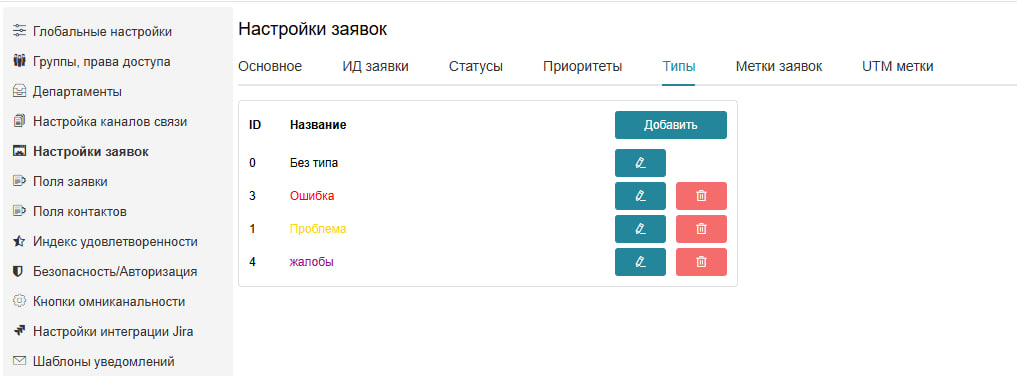 Типы заявок в клиентском сервисе